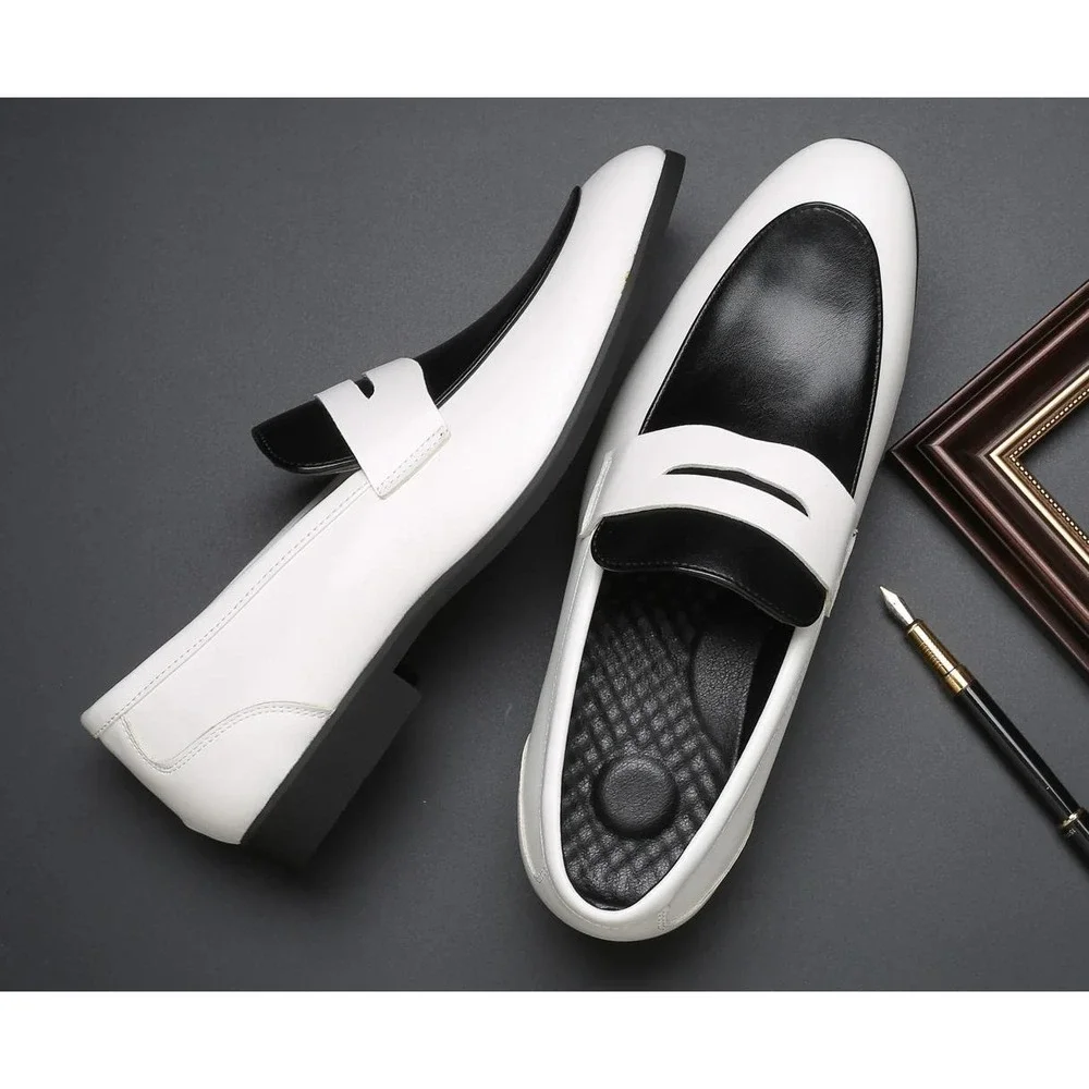 Santimon Men's US 11 White/Black Penny Loafers Slip On Dress Shoes